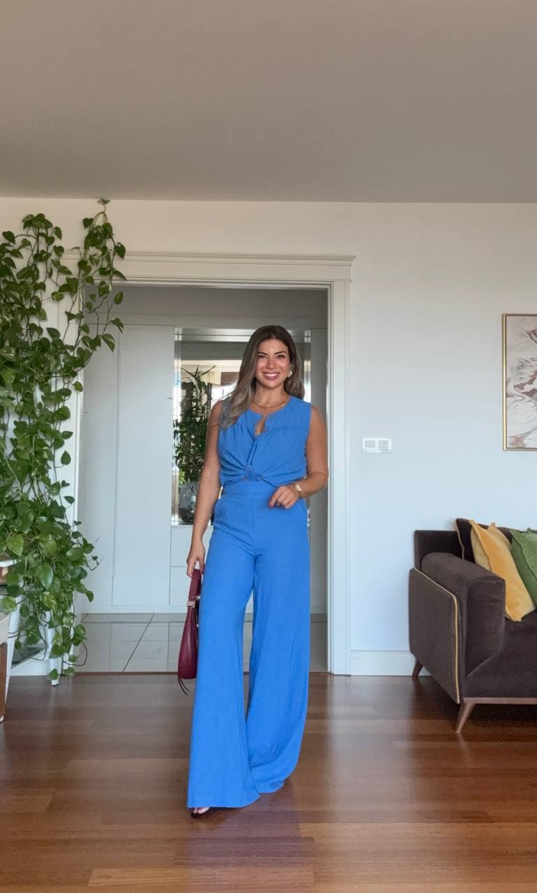 DÜĞME DETAYLI KOLSUZ KETEN TAKIM – SAKS MAVİ
