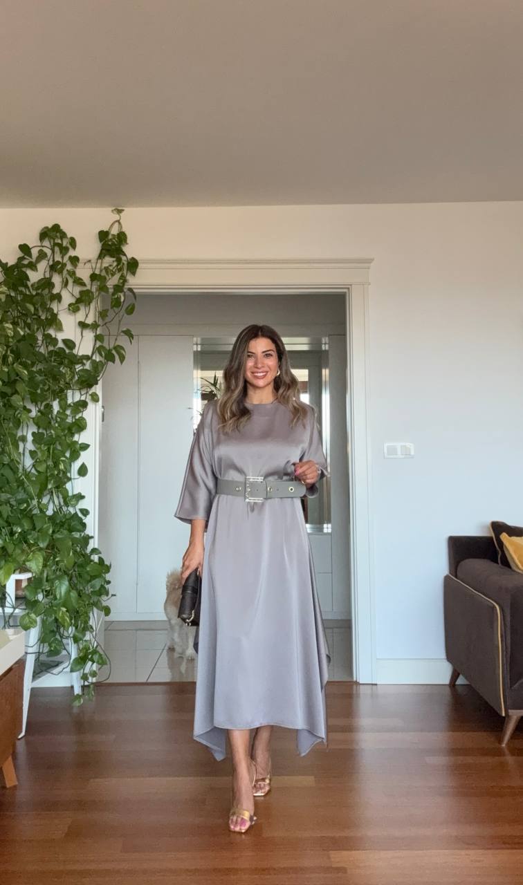 OVERSIZE KEMERLİ MİDİ ELBİSE - VİZON
