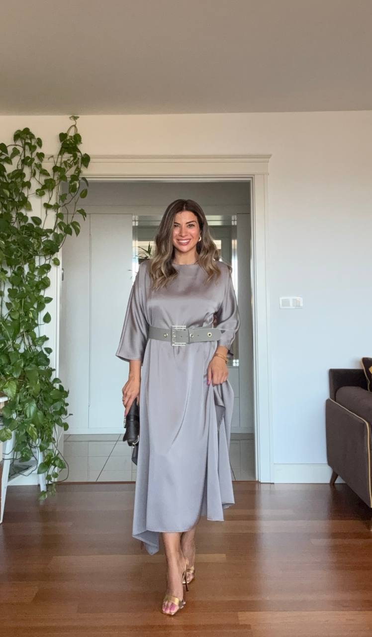 OVERSIZE KEMERLİ MİDİ ELBİSE - VİZON