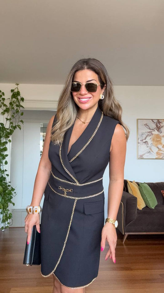 ZİNCİR DETAYLI ELBİSE - SİYAH