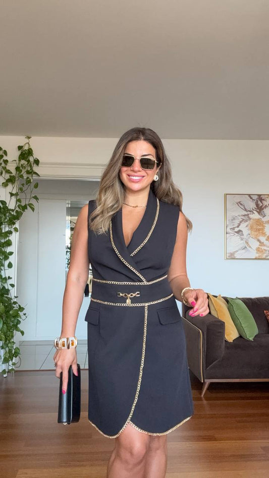 ZİNCİR DETAYLI ELBİSE - SİYAH