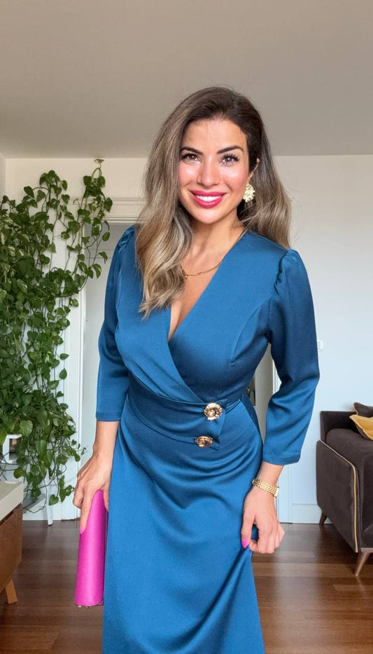 GOLD DÜĞME DETAYLI ELBİSE - PETROL YEŞİLİ