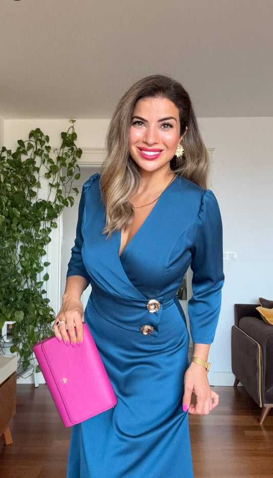 GOLD DÜĞME DETAYLI ELBİSE - PETROL YEŞİLİ