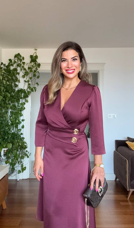 GOLD DÜĞME DETAYLI ELBİSE -BODRO