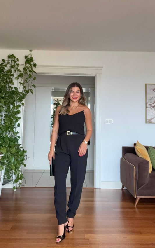 YÜKSEK BEL KEMERLİ KUMAŞ PANTOLON - SİYAH