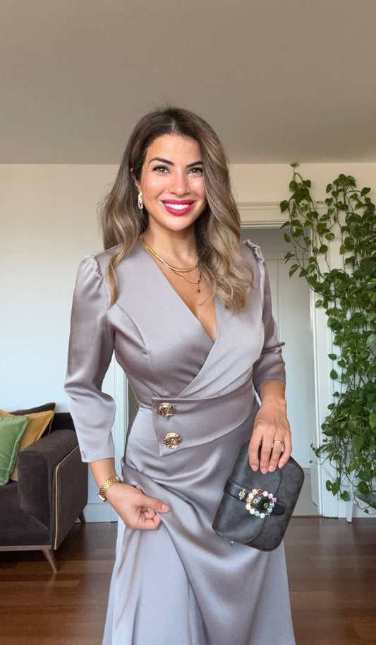 GOLD DÜĞME DETAYLI ELBİSE - VİZON