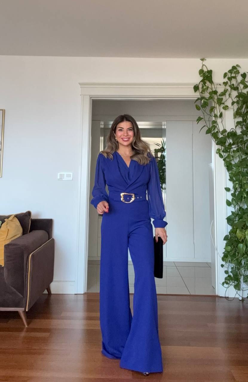 GOLD TOKA DETAYLI ŞİFON KOL TULUM – SAFİR MAVİ