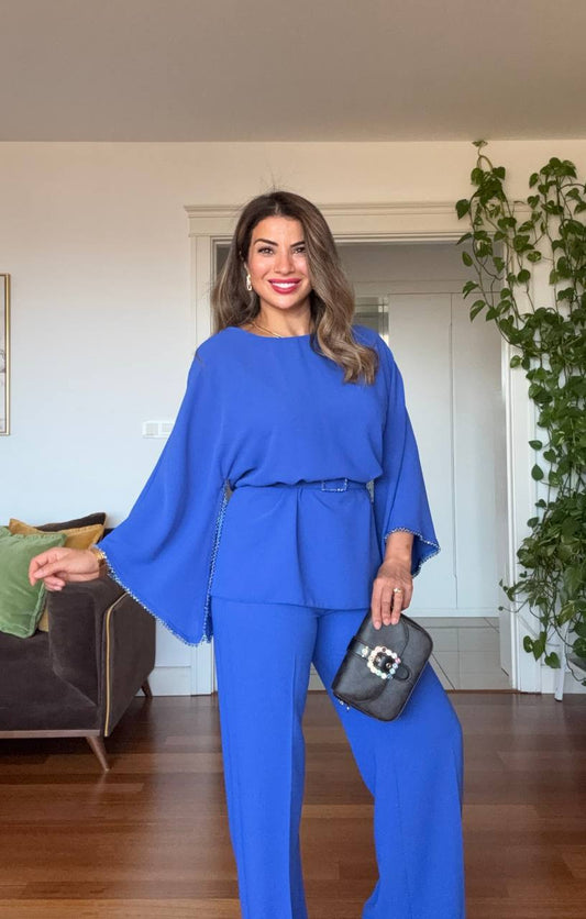 TAŞ İŞLEMELİ BOL PAÇA TAKIM - SAFİR MAVİSİ