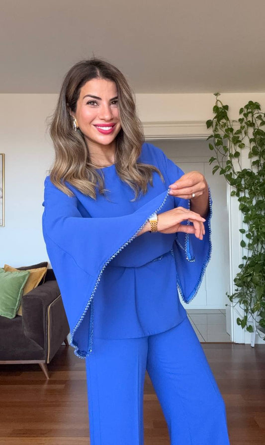 TAŞ İŞLEMELİ BOL PAÇA TAKIM - SAFİR MAVİSİ