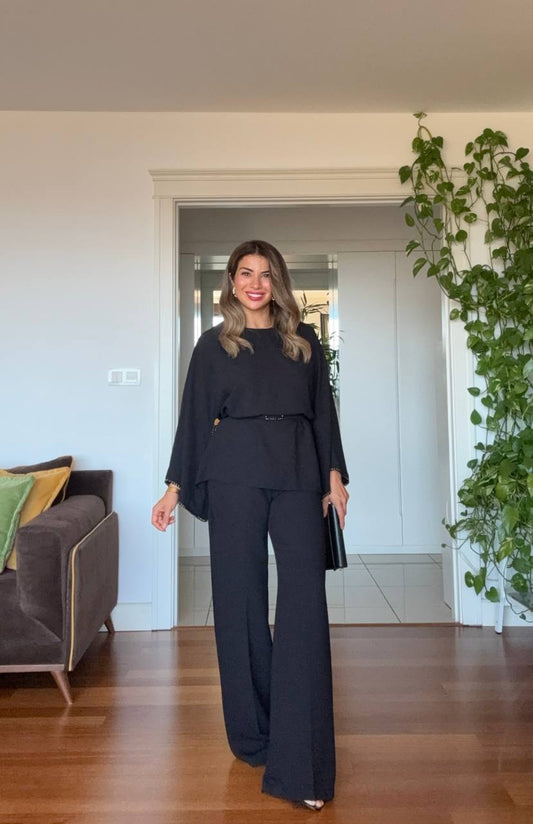 İNCİ DETAYLI BOL PAÇA TAKIM - SİYAH