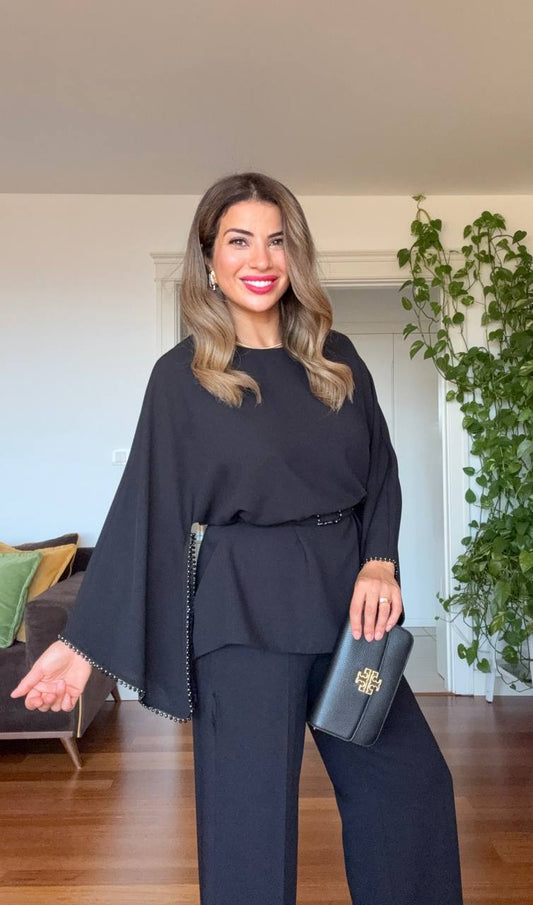 İNCİ DETAYLI BOL PAÇA TAKIM - SİYAH