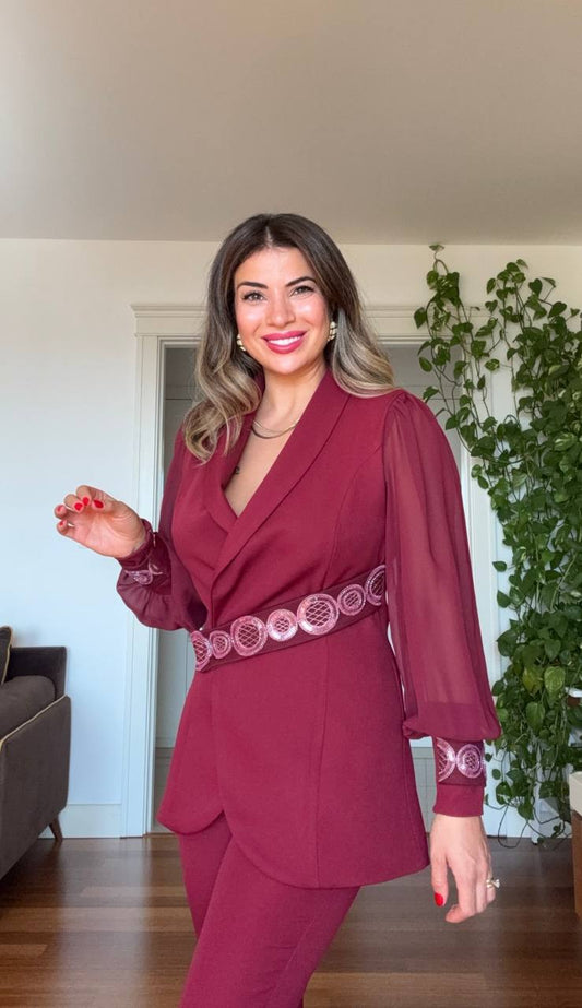 ŞİFON DETAYLI BEL İŞLEMELİ TAKIM – BORDO