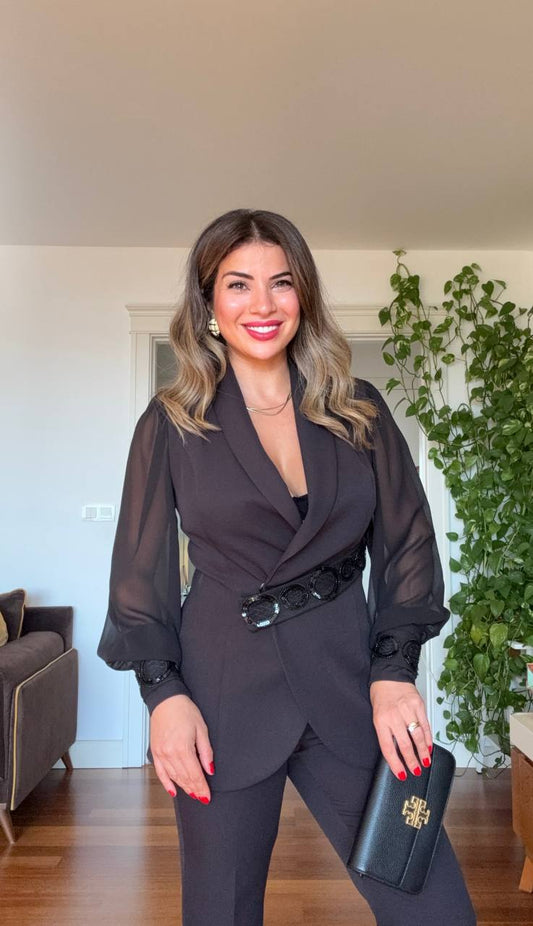 ŞİFON DETAYLI BEL İŞLEMELİ TAKIM – SİYAH