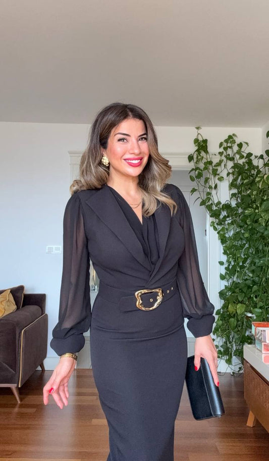 GOLD TOKA DETAYLI KRUVAZE ELBİSE – SİYAH