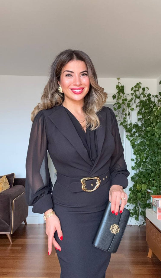 GOLD TOKA DETAYLI KRUVAZE ELBİSE – SİYAH