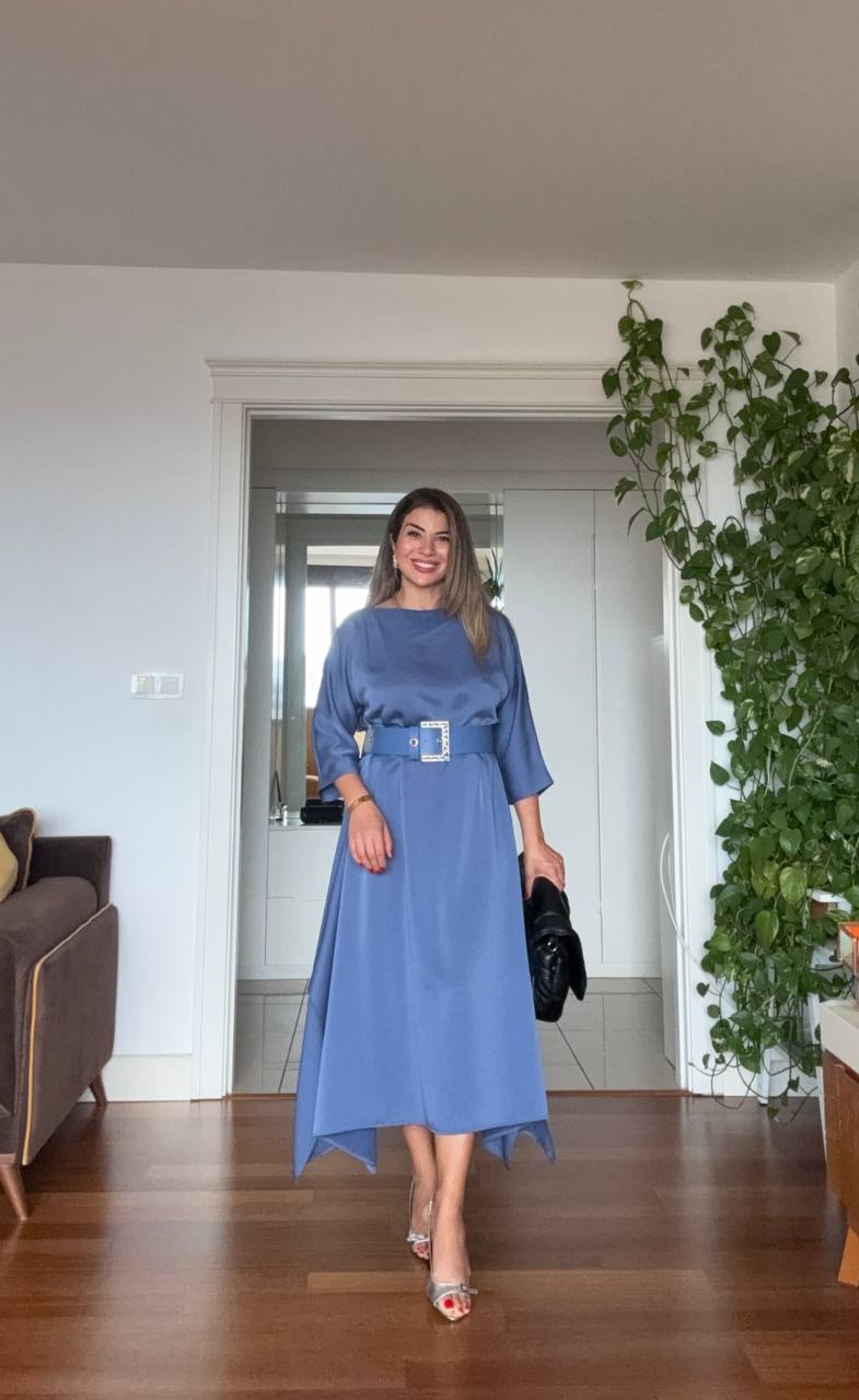 OVERSIZE KEMERLİ MİDİ ELBİSE - İNDİGO