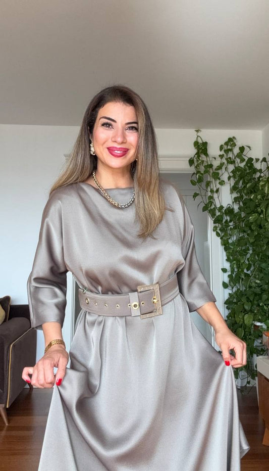 OVERSIZE KEMERLİ MİDİ ELBİSE - MİNT