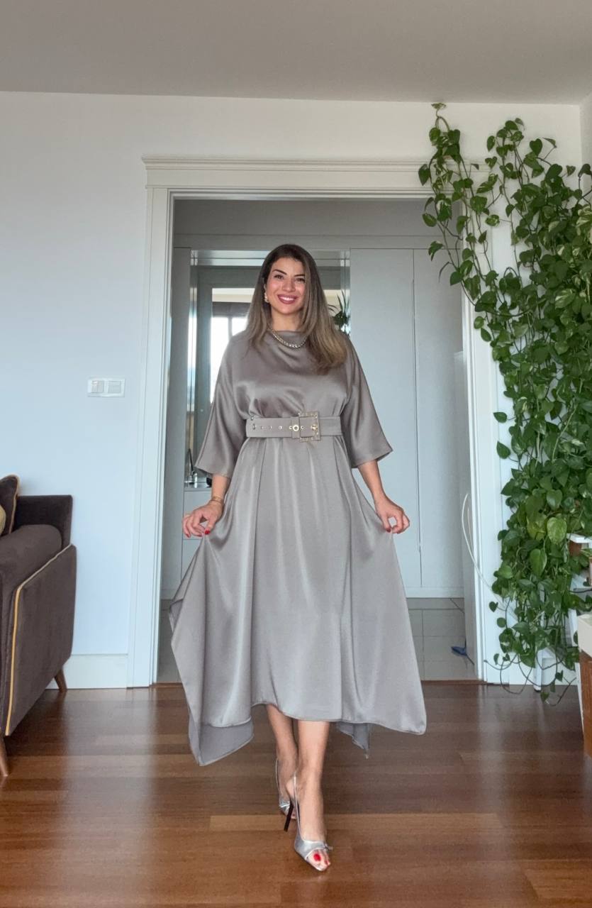 OVERSIZE KEMERLİ MİDİ ELBİSE - MİNT