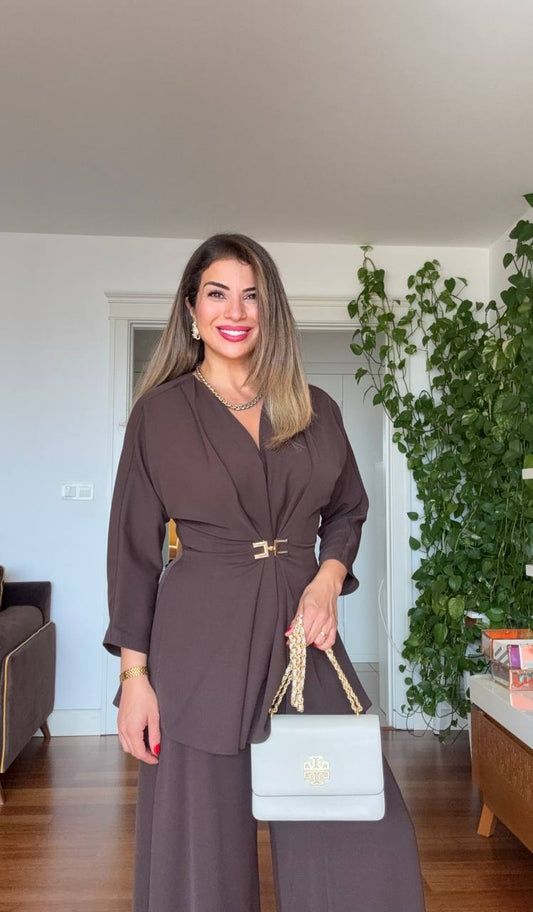 GOLD TOKA DETAYLI KRUVAZE TAKIM - KAHVE