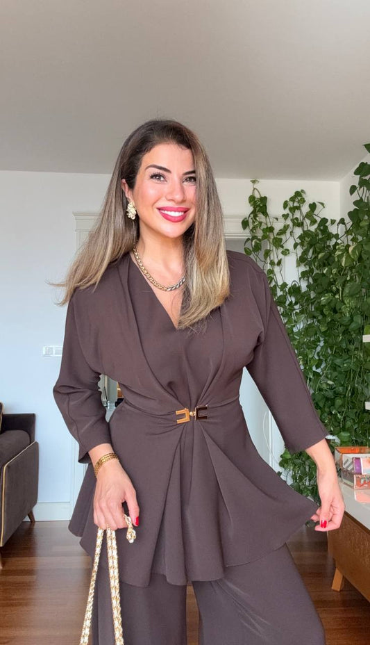 GOLD TOKA DETAYLI KRUVAZE TAKIM - KAHVE