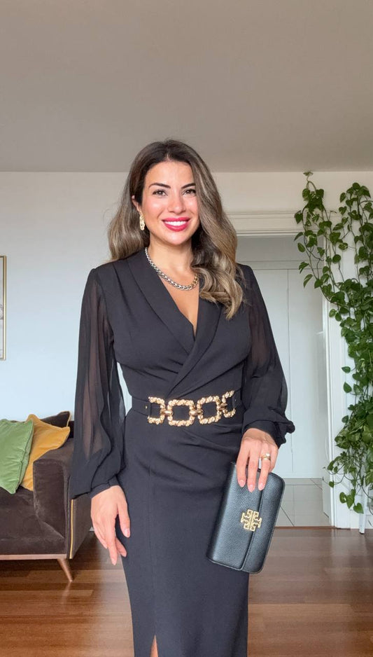 ZİNCİR KEMER DETAYLI MİDİ ELBİSE - SİYAH