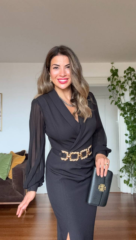 ZİNCİR KEMER DETAYLI MİDİ ELBİSE - SİYAH