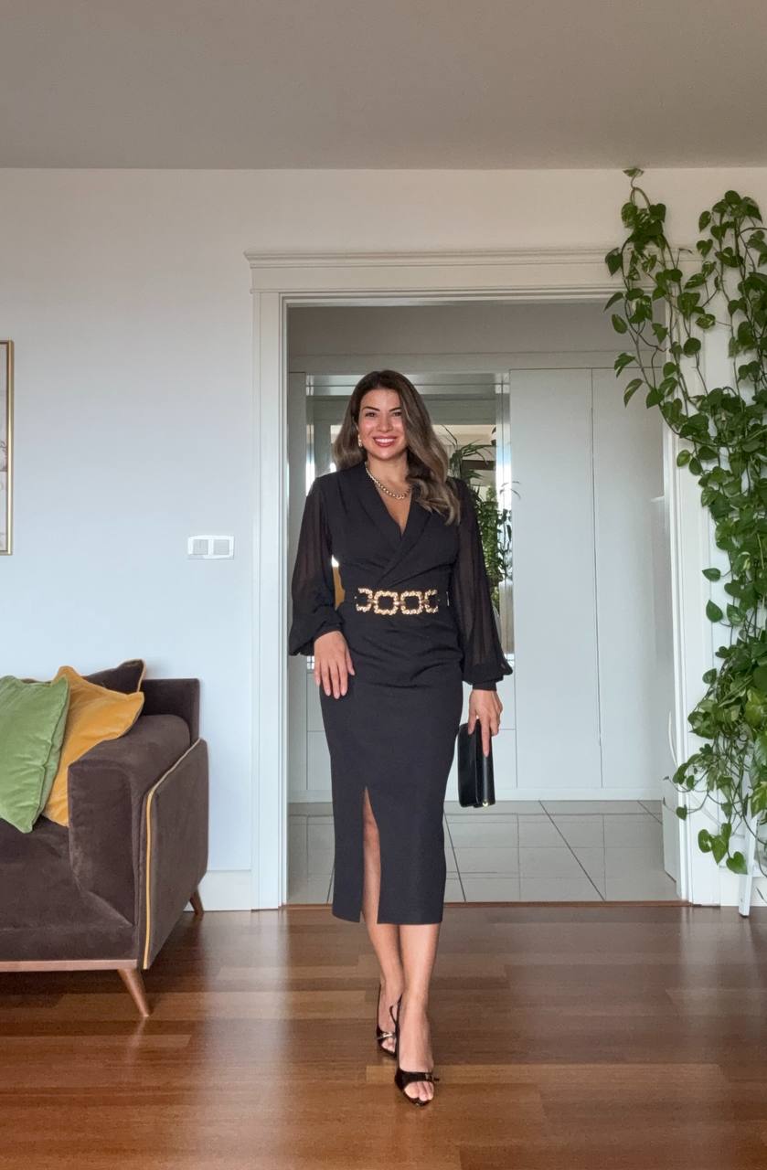 ZİNCİR KEMER DETAYLI MİDİ ELBİSE - SİYAH