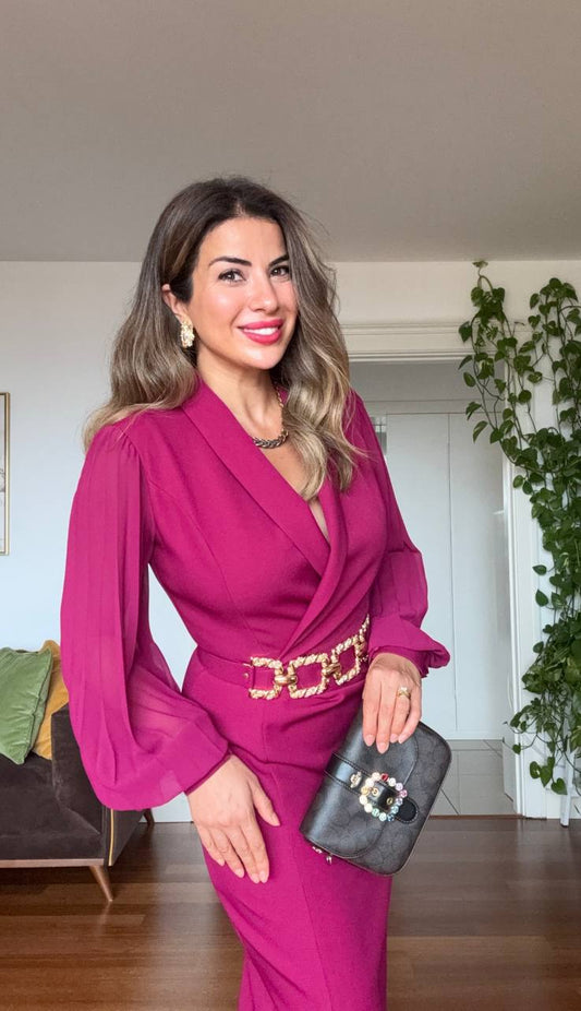 ZİNCİR KEMER DETAYLI MİDİ ELBİSE - MÜRDÜM