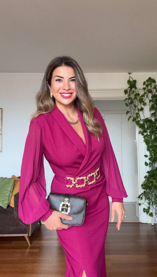 ZİNCİR KEMER DETAYLI MİDİ ELBİSE - MÜRDÜM