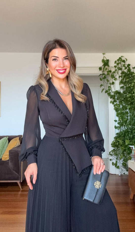 V YAKA PLİSELİ VE TAŞ DETAYLI TULUM - SİYAH