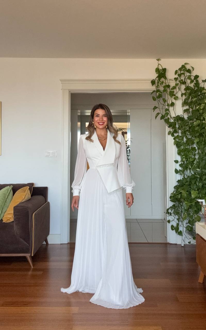 V YAKA PLİSELİ VE TAŞ DETAYLI TULUM - BEYAZ