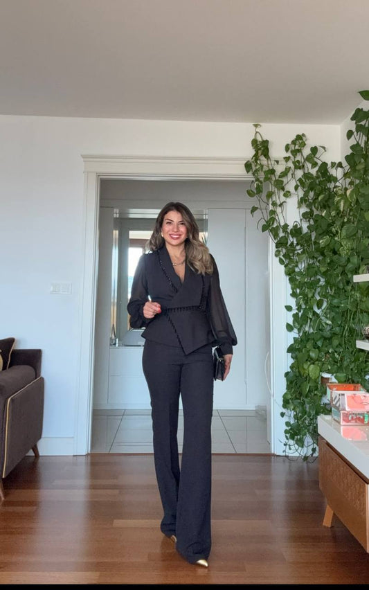 KOLU TÜL DETAYLI TAŞLI TAKIM - SİYAH