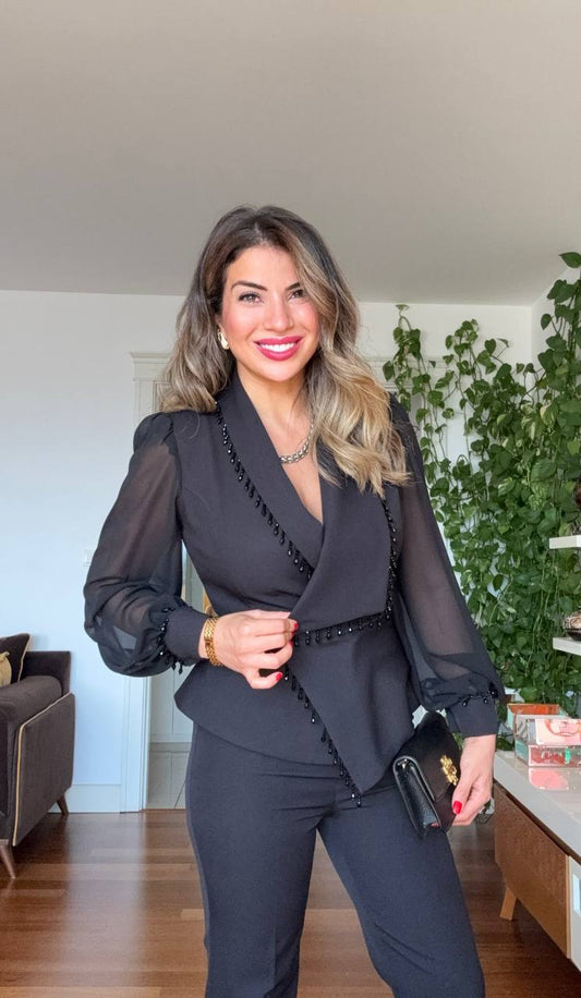 KOLU TÜL DETAYLI TAŞLI TAKIM - SİYAH