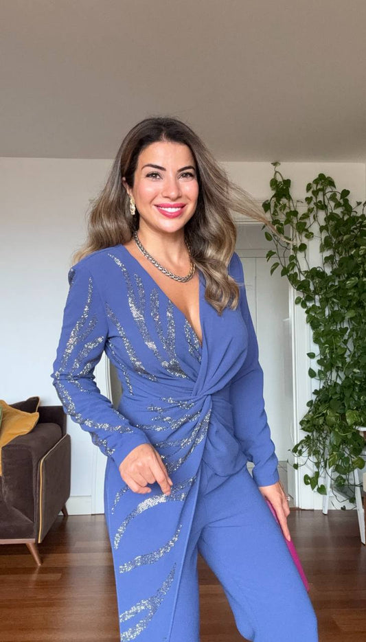 TAŞ İŞLEME DETAYLI DRAPELİ ŞIK TULUM - İNDİGO