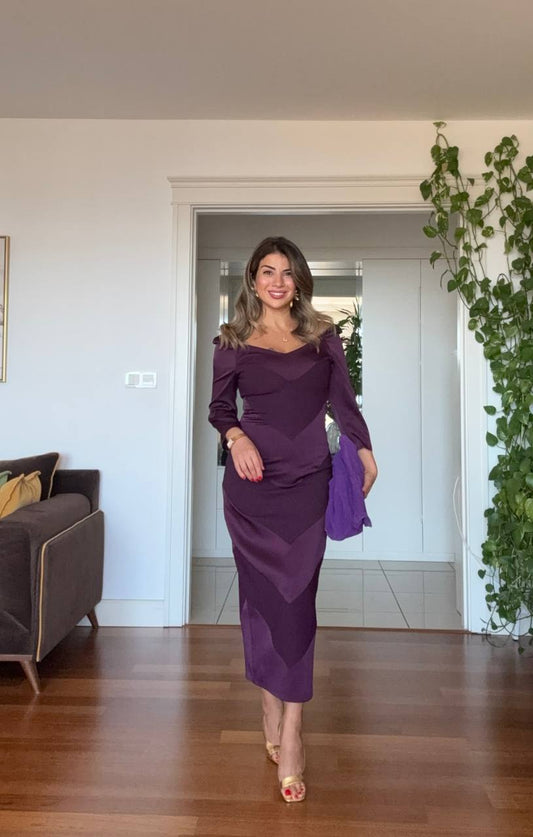 V YAKA KATLAMALI SATEN GÖRÜNÜMLÜ ELBİSE – MOR