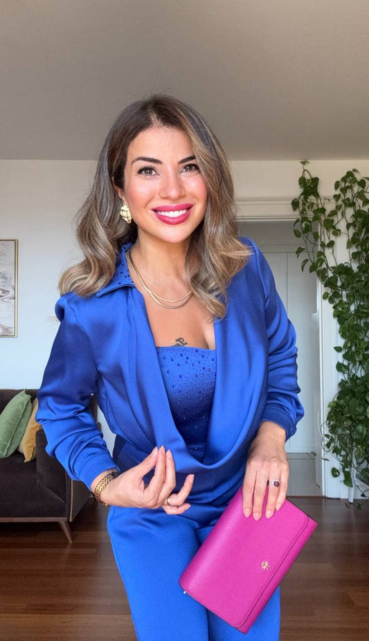 ZARİF DRAPE YAKA PAYETLİ DETAYLI ŞIK TULUM – SAKS MAVİ