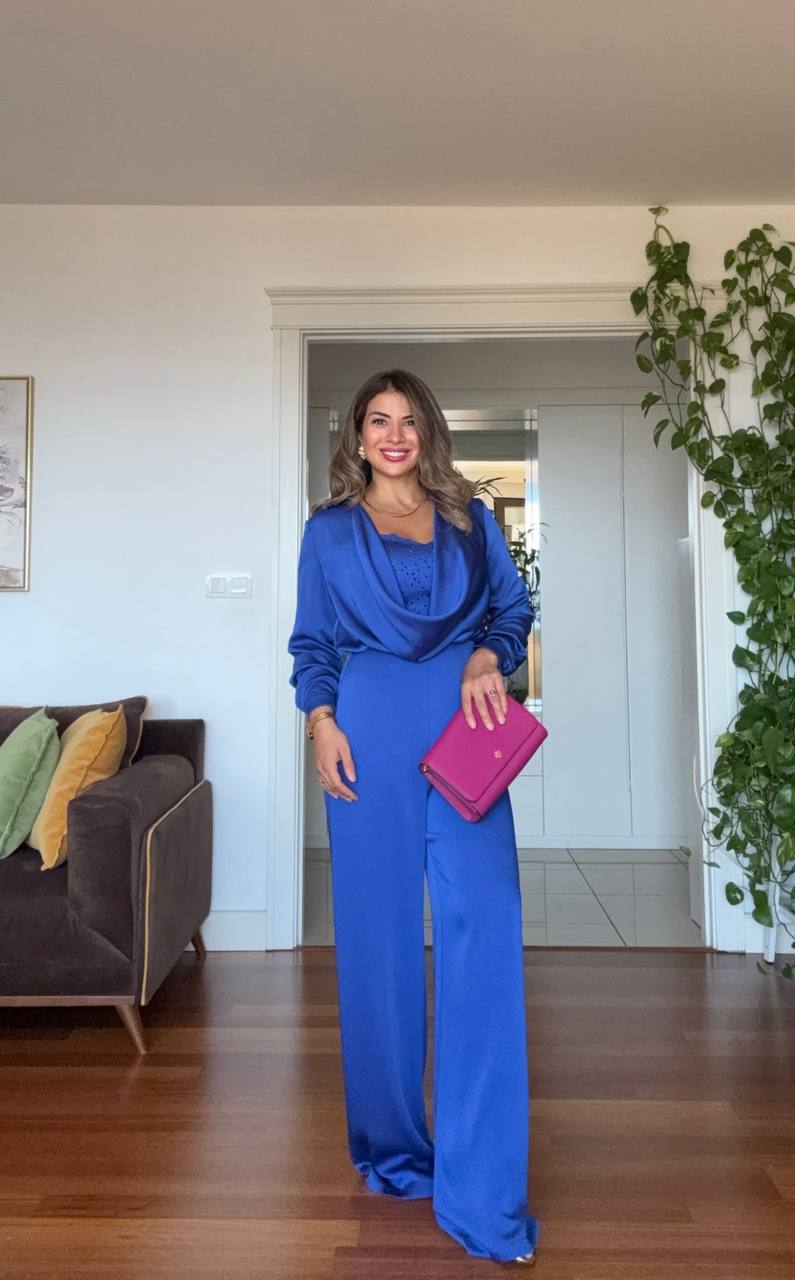 ZARİF DRAPE YAKA PAYETLİ DETAYLI ŞIK TULUM – SAKS MAVİ