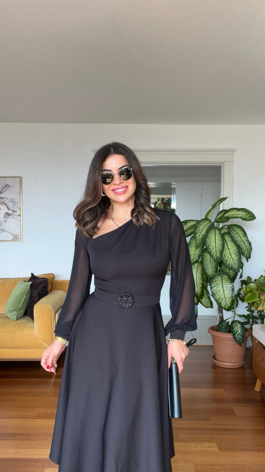 TEK OMUZ KLOŞ ELBİSE - SİYAH