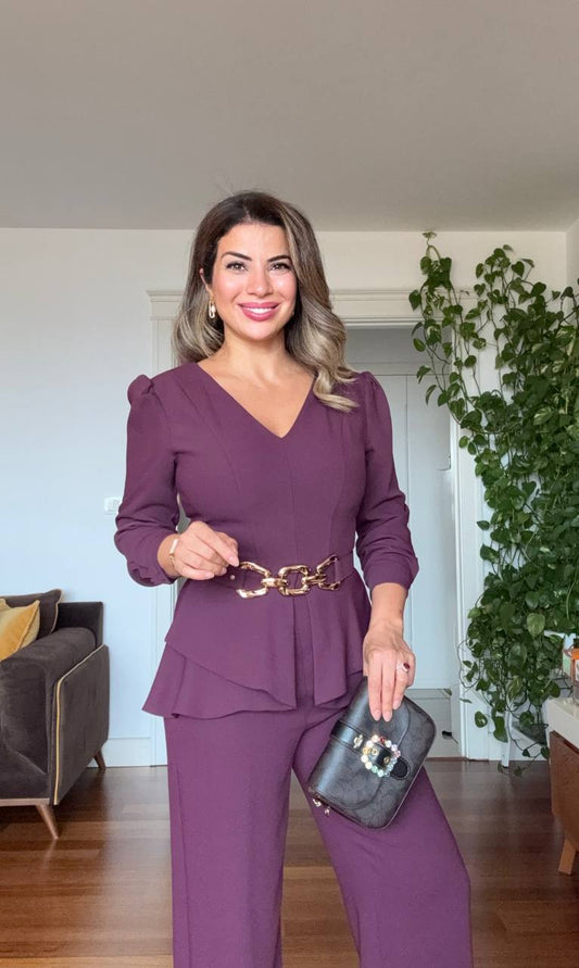 ZARİF V YAKA ZİNCİR KEMER DETAYLI TAKIM – MÜRDÜM