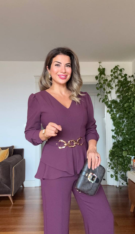 ZARİF V YAKA ZİNCİR KEMER DETAYLI TAKIM – MÜRDÜM