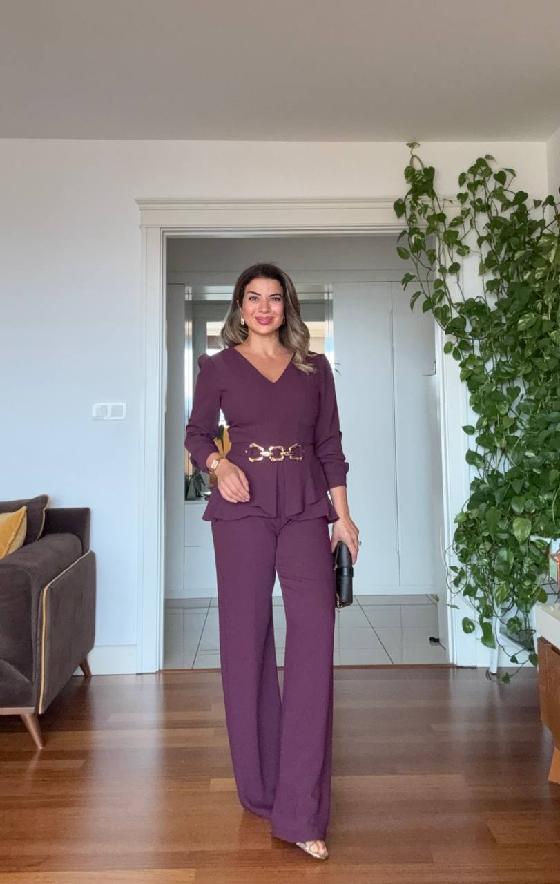 ZARİF V YAKA ZİNCİR KEMER DETAYLI TAKIM – MÜRDÜM