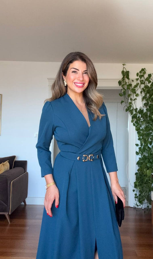 KRUVAZE YAKA KEMERLİ MİDİ ELBİSE - PETROL MAVİ