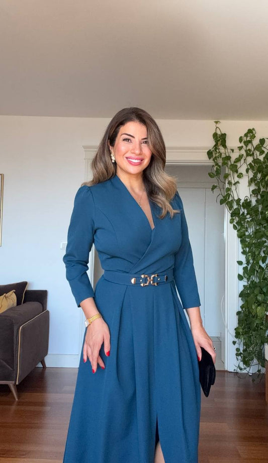 KRUVAZE YAKA KEMERLİ MİDİ ELBİSE - PETROL MAVİ