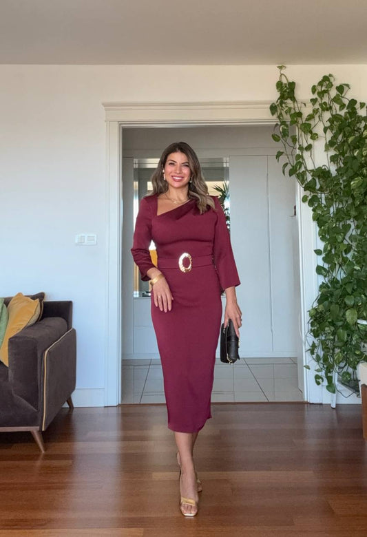 ASİMETRİK YAKA KEMER DETAYLI SATEN MİDİ ELBİSE - BORDO