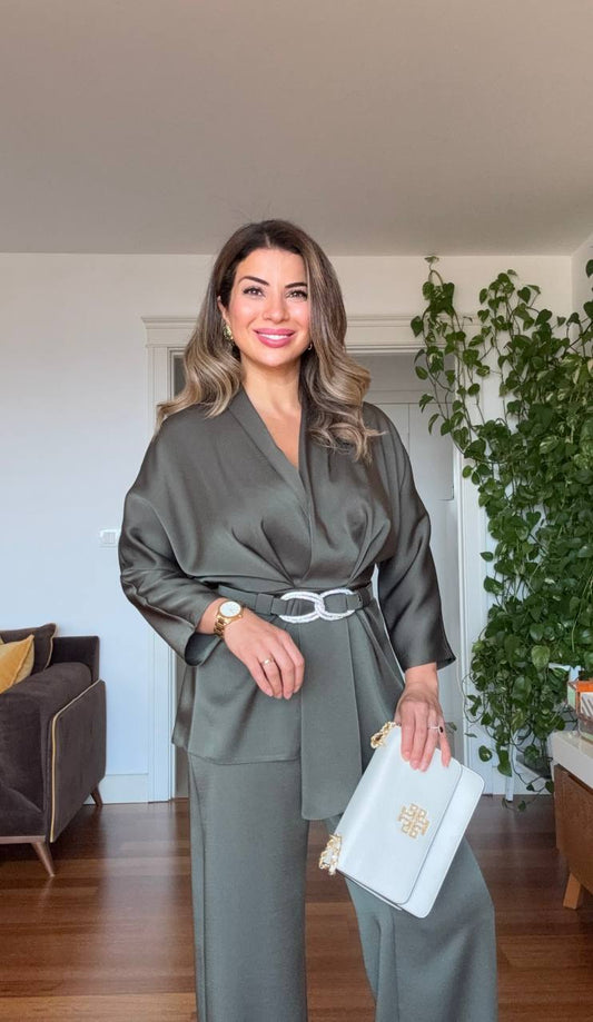 SATEN DOKULU KEMER DETAYLI ŞIK TAKIM - HAKİ