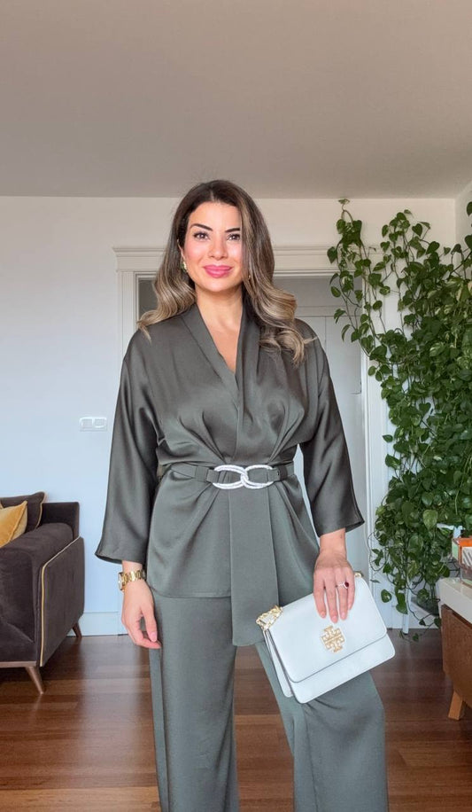 SATEN DOKULU KEMER DETAYLI ŞIK TAKIM - HAKİ