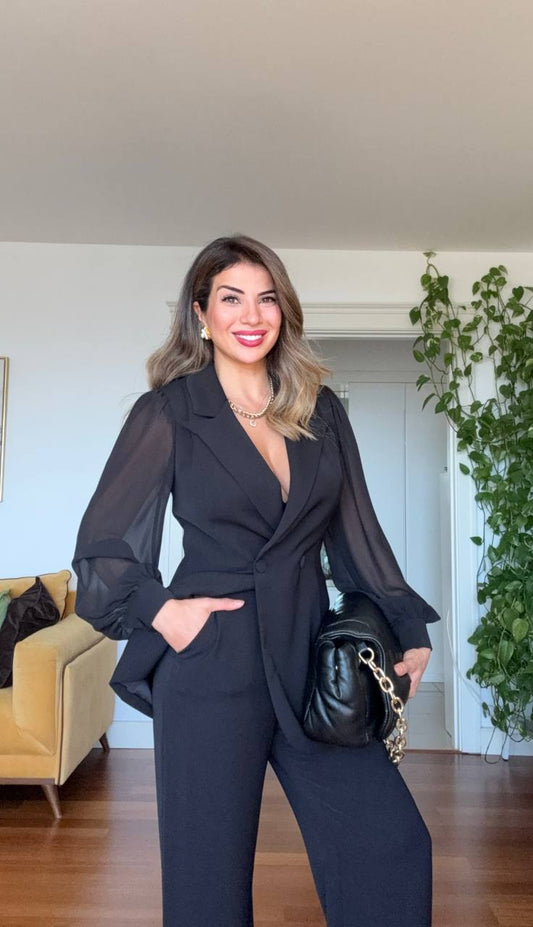 ŞİFON KOL DETAYLI KRUVAZE CEKET & PALAZZO PANTOLON TAKIM - SİYAH ki