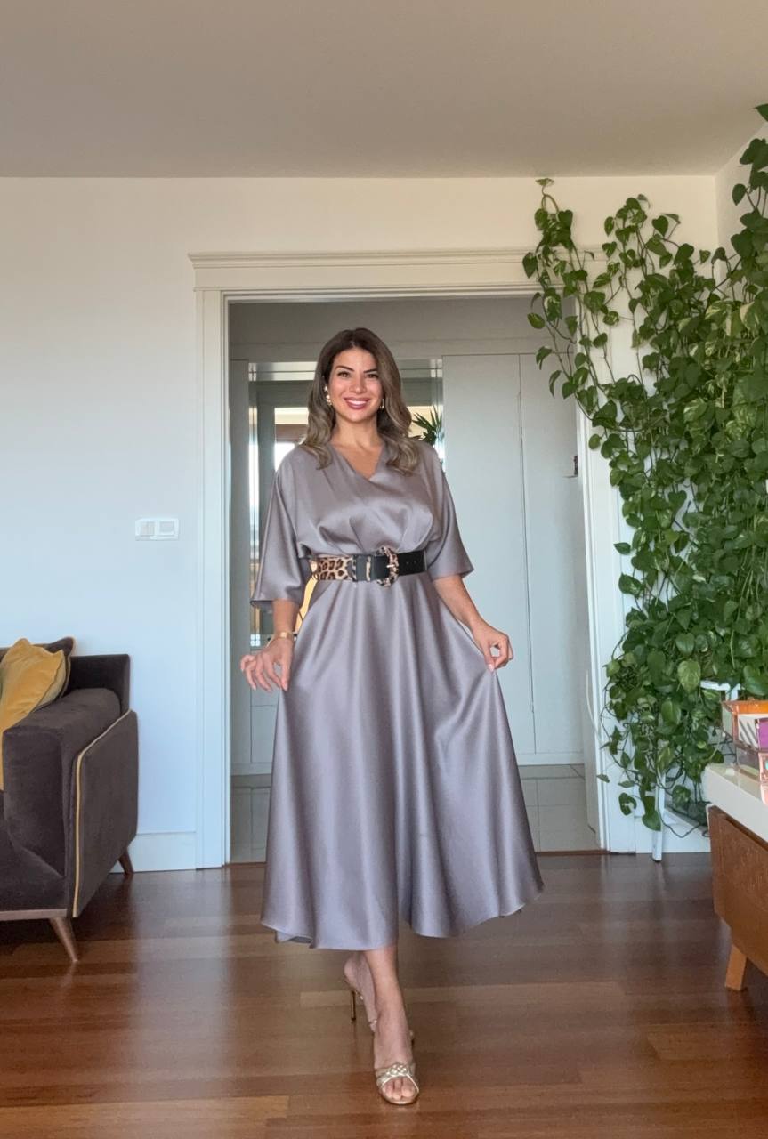 LEOPAR KEMER DETAYLI SATEN ELBİSE – VİZON