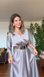LEOPAR KEMER DETAYLI SATEN ELBİSE – VİZON