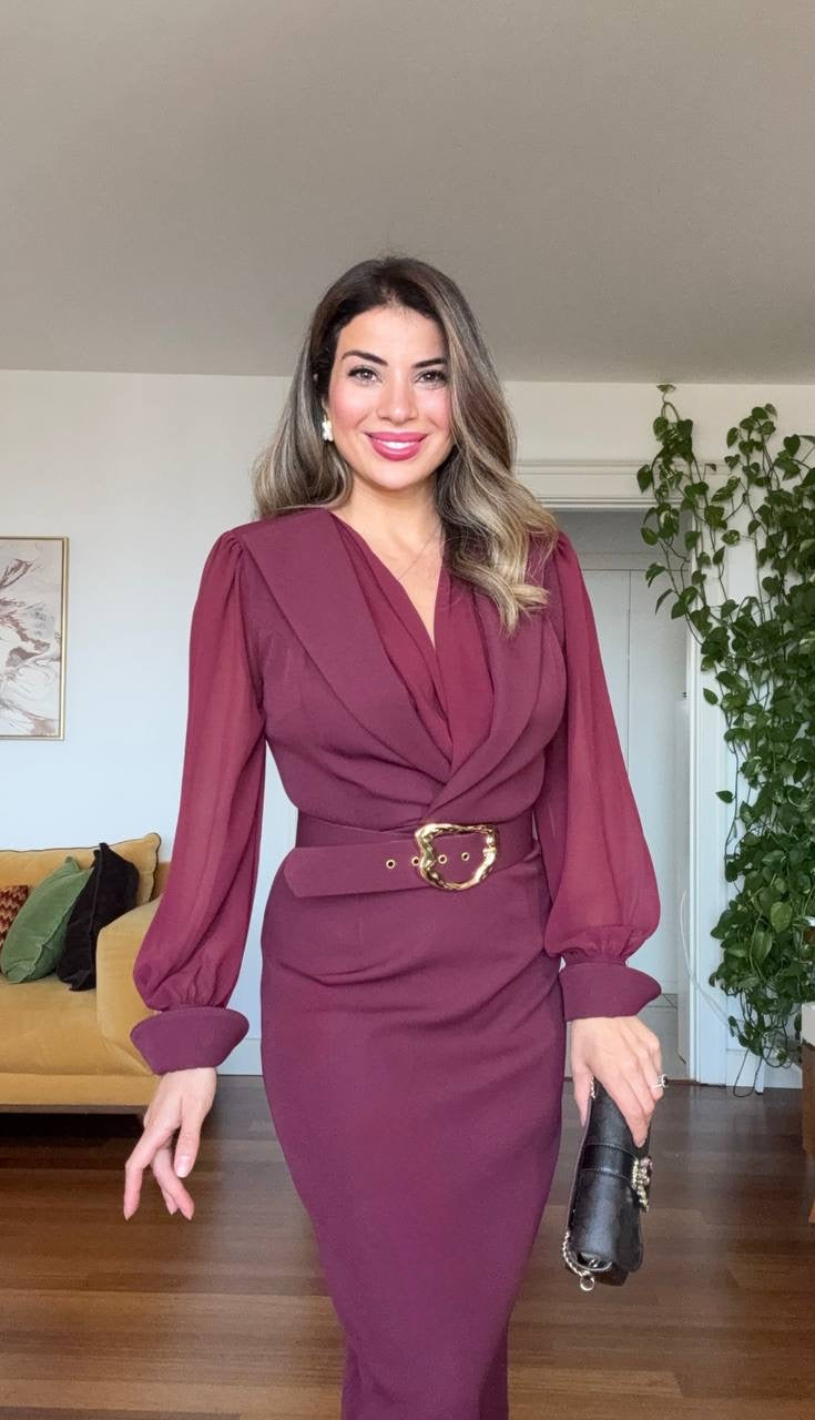 GOLD TOKA DETAYLI KRUVAZE ELBİSE – BORDO